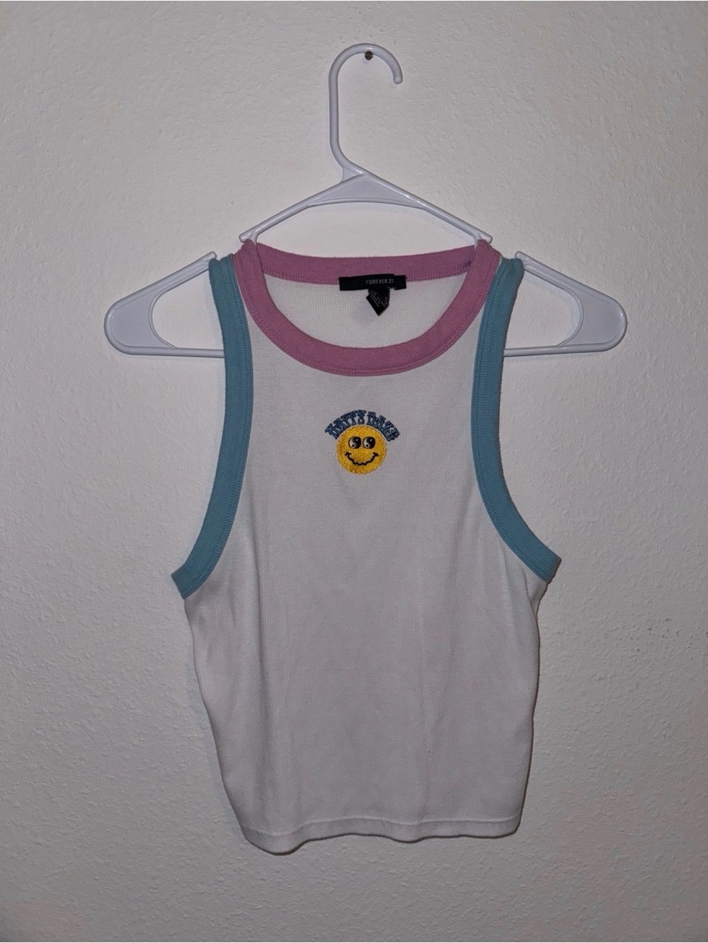 Forever 21 Kids White Tank with Pink Neckline and Blue Trim